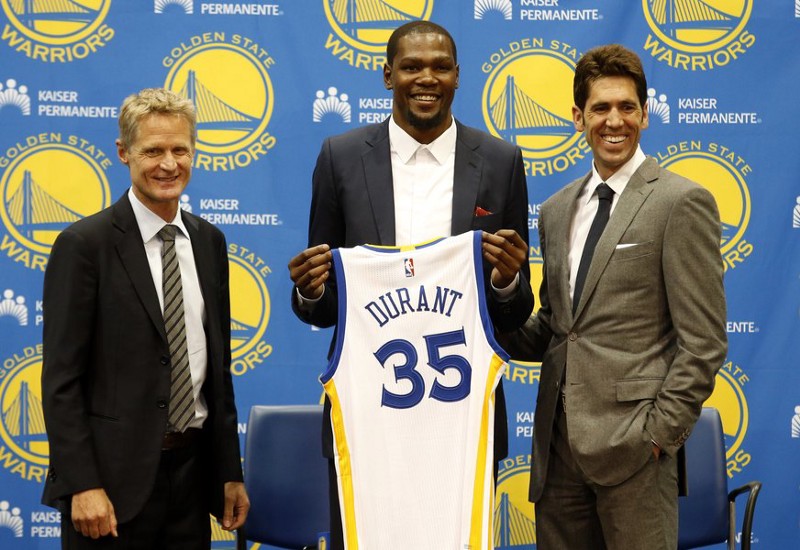 Kevin Durant at his introductory press conference after signing with the Golden State Warriors. 